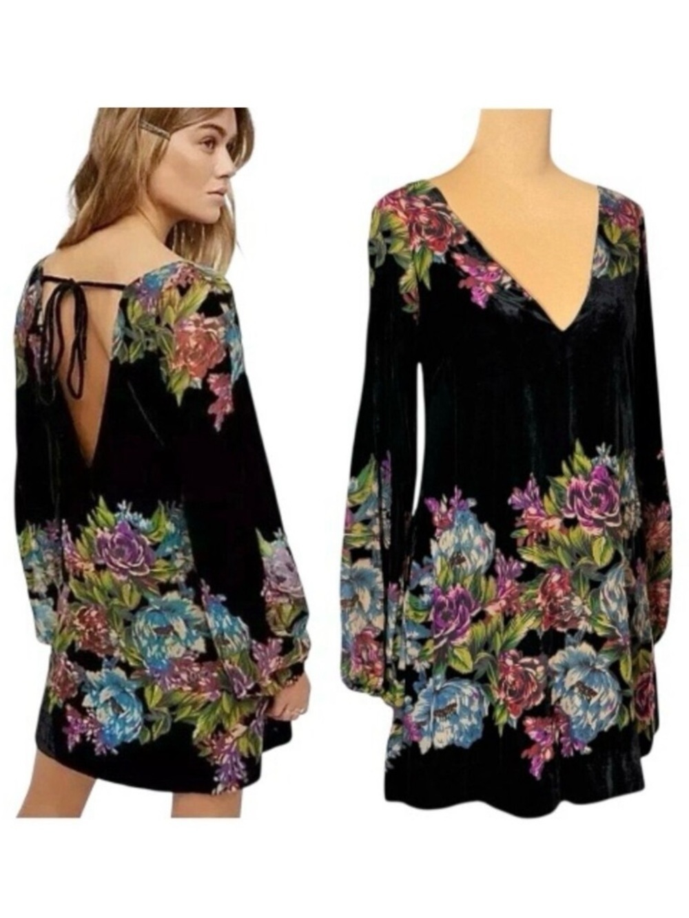 Free People Misha Burnout Velvet Dress Sz XS Black Floral Boho Whimsigoth